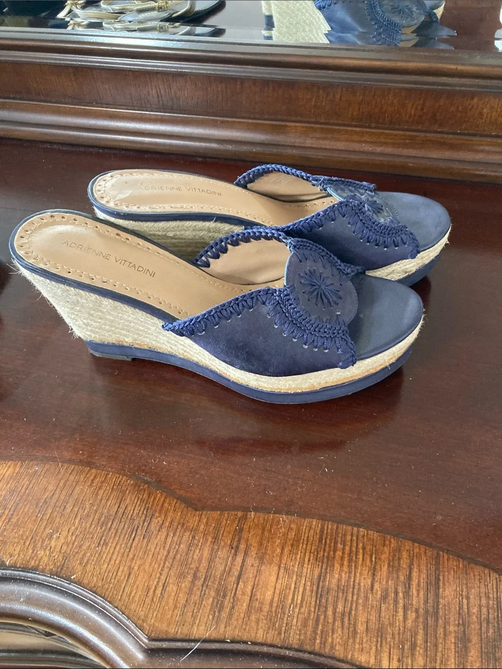 Adrienne Vittadini Navy Wedge Slide Sandals with Embroidered Medallion
